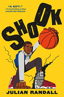 A young boy dribbling a basketball with cracked ground underfoot and the word "SHOOK" in bold letters above.