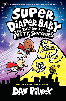 Two flying babies in capes chase a yellow monster holding toilet paper rolls against a starry sky.