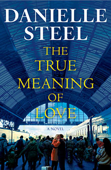 Couple embracing on a busy train platform under a large arched roof, book title and author above.