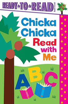 Colorful "Chicka Chicka Read with Me" book cover with a palm tree and ABC letters on grass.