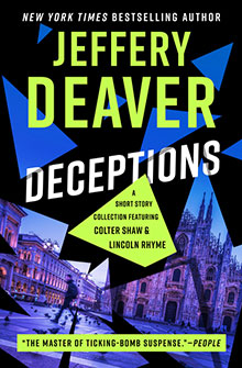 Book cover of "Deceptions" by Jeffery Deaver featuring blue geometric shapes and cityscape images.