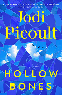 Book cover with blue mosaic, sky, birds, and text: Jodi Picoult Hollow Bones.