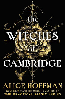Book cover: “The Witches of Cambridge” with a gold rose, stars, and moon on a black background.