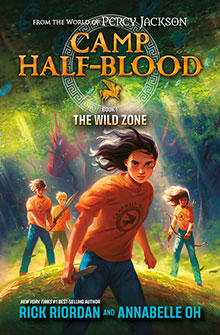 Four kids in orange shirts stand ready in a forest; “Camp Half-Blood” book cover text appears above them.