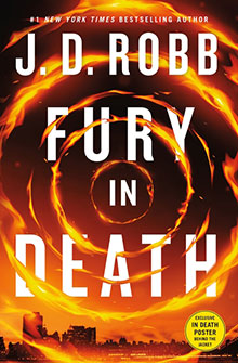 Book cover of “Fury in Death” by J.D. Robb, with fiery swirling rings above a city skyline.