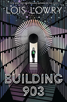 Book cover for “Building 903” by Lois Lowry showing a person standing in a futuristic, geometric hallway.