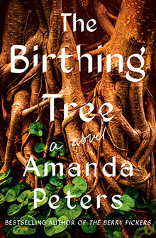 Thick tree roots and green leaves with the book title “The Birthing Tree” by Amanda Peters displayed over them.