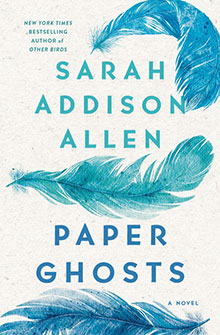 Book cover for “Paper Ghosts” by Sarah Addison Allen, with blue feathers on a cream background.