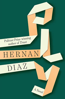 Book cover for “Trust” by Hernan Diaz, with tan paper strips on a dark green background.