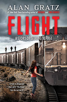 A girl runs toward a moving train under a cloudy sky; the title reads “Flight” by Alan Gratz.