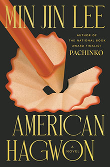 Book cover of “American Hagwon” by Min Jin Lee with a pencil sharpening forming a flower-like shape.