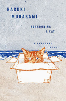 A cat sits in a box on a sandy beach; “Haruki Murakami: Abandoning a Cat” is written above.
