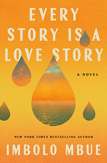 Orange book cover with water droplets and ocean at sunset; title: “Every Story Is a Love Story.”.