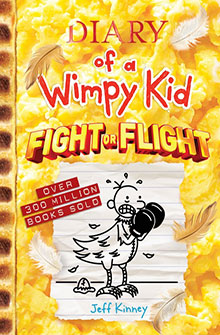 Cover of “Diary of a Wimpy Kid: Fight or Flight” with a cartoon bird boxing and yellow feathery background.