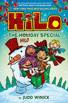 Four kids pop out of a gift box next to a snowman under holiday lights on a book cover.