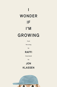 Book cover with text “I Wonder If I’m Growing” and part of a cartoon head wearing a blue cap at the bottom.