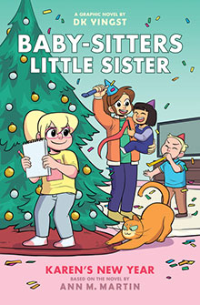 Four kids and a cat celebrate near a Christmas tree with party hats, noise makers, and festive decorations.