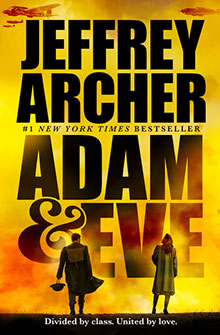 Book cover for “Adam & Eve” by Jeffrey Archer showing two figures against a yellow, smoky background.