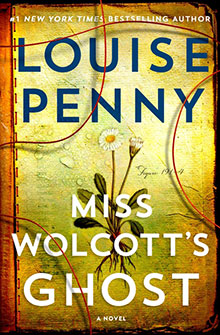 Book cover for “Miss Wolcott’s Ghost” by Louise Penny, featuring flowers and decorative red lines.