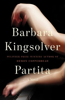 Blurred hands play piano behind the cover text for Barbara Kingsolver’s novel “Partita.”.