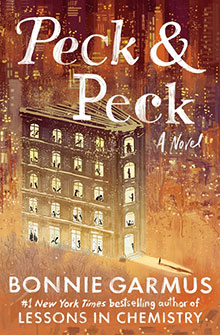 Book cover for “Peck & Peck” by Bonnie Garmus, showing a lit building against a cityscape background.