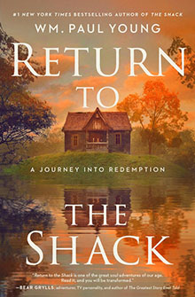 A rustic cabin sits by a calm lake with autumn trees, under the title “Return to the Shack” by Wm. Paul Young.