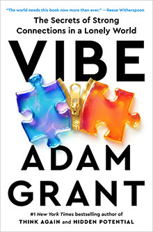 Book cover for “Vibe” by Adam Grant with two puzzle pieces, one blue, one orange, connecting in the center.