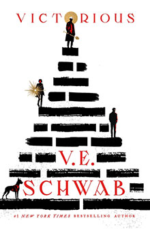 A pyramid of black rectangles with red-clad figures and a dog; “V.E. Schwab Victorious” in bold red text.