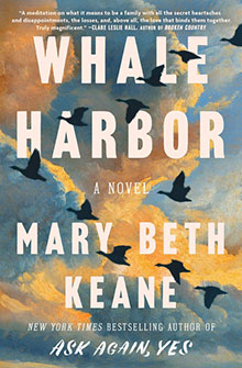 Book cover of “Whale Harbor” by Mary Beth Keane, with flying birds and a sky of clouds at sunset.