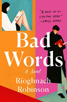 Book cover of “Bad Words” shows two people reading against a split orange and pink background.