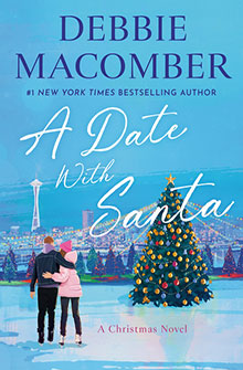 A couple stands by a Christmas tree, with a city skyline and snowy sky in the background.