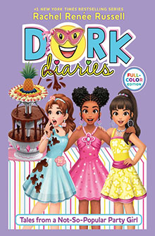 Cover of Dork Diaries: Tales from a Not-So-Popular Party Girl, featuring three girls next to a chocolate fountain.