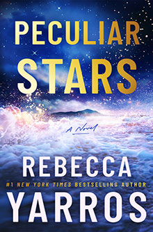 Book cover for Peculiar Stars by Rebecca Yarros, featuring a star-filled sky over a glowing ocean.
