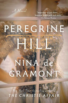 Book cover of Peregrine Hill by Nina de Gramont, showing a woman in a gown standing behind a window.