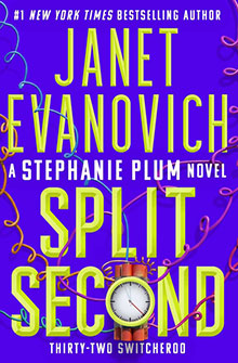 Book cover for “Split Second” by Janet Evanovich, featuring a clock tied to dynamite sticks.