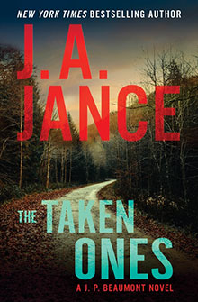 Book cover for The Taken Ones by J.A. Jance, featuring a dirt road winding through a dark forest at sunset.