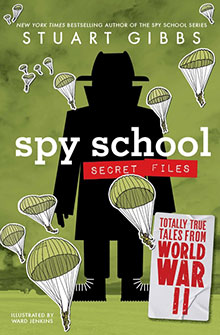 Book cover for Spy School Secret Files by Stuart Gibbs featuring a silhouette of a spy and falling parachutes.