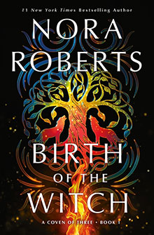 Book cover for Birth of the Witch by Nora Roberts, featuring a stylized tree and two wolves howling.