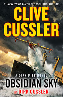 Book cover for Obsidian Sky by Clive Cussler and Dirk Cussler, featuring a yellow seaplane flying over a sinking ship.