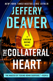 Book cover for The Collateral Heart by Jeffery Deaver, featuring a bridge silhouette at sunset.