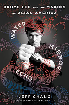 Book cover with Bruce Lee in a martial arts pose, overlaid with a red dragon and the title "Water Mirror Echo".