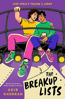 Two teen boys sit close together on a stage light rig, surrounded by scripts; book title: "The Breakup Lists.