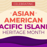 Celebrating Asian American and Pacific Islander Heritage Month with bold, colorful text on patterned background.