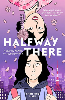 Book cover of "Halfway There," showing two illustrated girls, cherry blossoms, and a city skyline at dusk.
