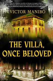 Book cover for "The Villa, Once Beloved" by Victor Manibo, showing a glowing villa surrounded by trees at night.