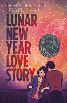 Illustrated cover of "Lunar New Year Love Story" shows a couple leaning on a railing under swirling colorful skies.