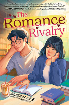 Illustration of a man and woman at a desk with books, coffee, and "The Romance Rivalry" book title above them.