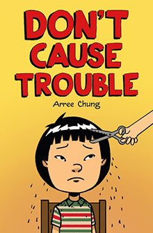 A child sits as scissors cut their hair, with the text "Don't Cause Trouble" above.