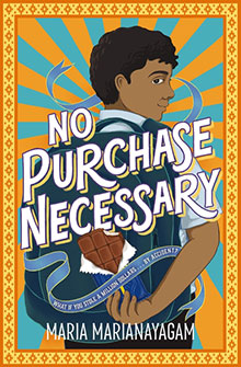 Illustration of a boy with a backpack holding chocolate; book title "No Purchase Necessary" by Maria Marianayagam.