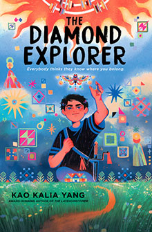 A boy stands in a vibrant, colorful landscape with geometric shapes and diamonds floating around him.